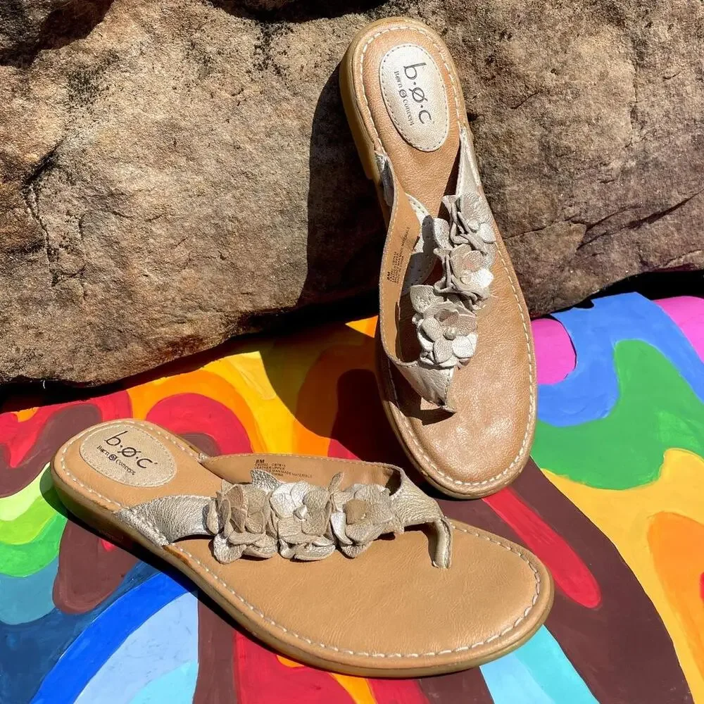 Y2K B.O.C. born concepts leather Hensley sandals gold flowers cushioned footbed